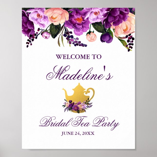 Purple Floral Gold Bridal Shower Tea Welcome Poster (Front)