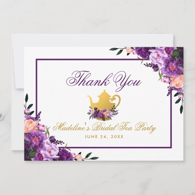 Purple Floral Gold Bridal Tea Party Thank You (Front)