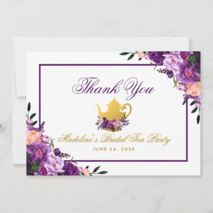 Purple Floral Gold Bridal Tea Party Thank You