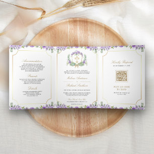 Purple Floral Gold Catholic Cross QR Code Wedding Tri-Fold Invitation