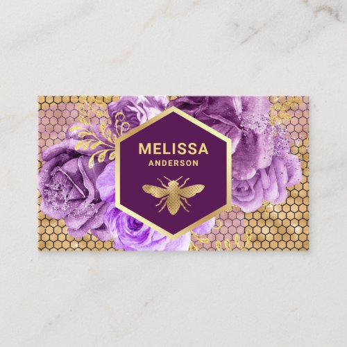 Purple Floral Gold Foil Honeycomb Honey Bee Business Card