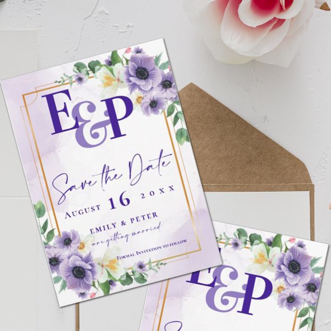 Purple Floral Gold Frame Wedding Save the Date Postcard (Creator Uploaded)