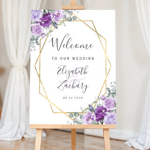 Purple Floral Gold Geometric Wedding Welcome Sign