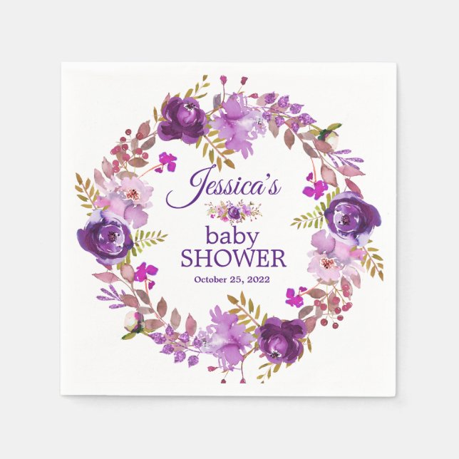 Purple Floral Gold glitter Baby Shower Paper Napkins (Front)