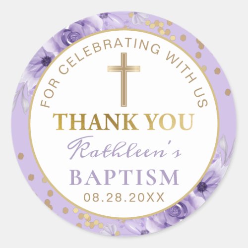 Purple Floral Gold Glitter Baptism Thank You Classic Round Sticker