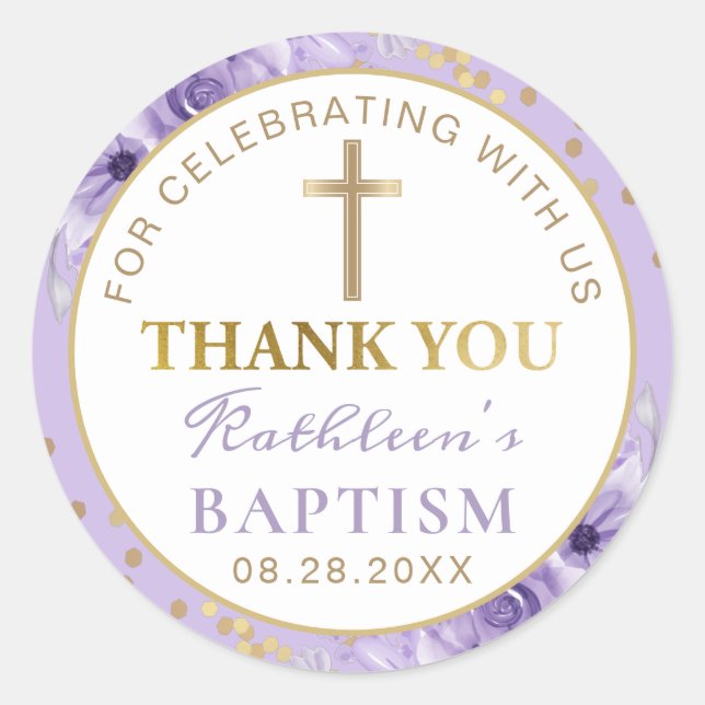 Purple Floral Gold Glitter Baptism Thank You Classic Round Sticker (Front)