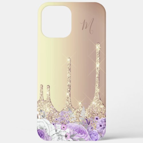 Purple floral gold glitter drips monogram iPhone 12 pro max case