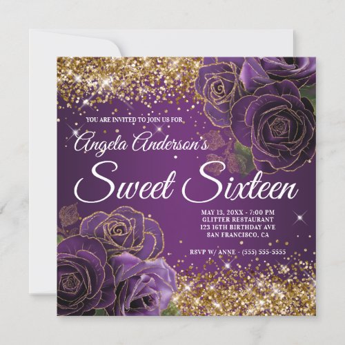 Purple Floral Gold Glitter Glam Sweet Sixteen Invitation