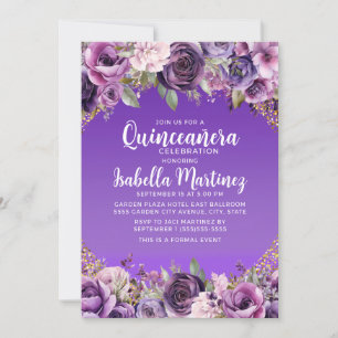 Purple Floral Gold Glitter Quinceañera Invitation
