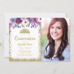 Purple Floral Gold Glitter Tiara Quinceanera Photo Invitation