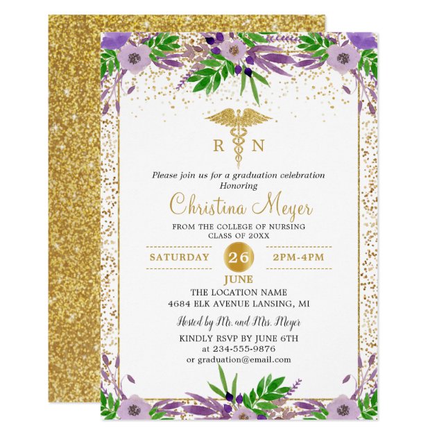 Purple Floral Gold Nursing School Graduation Party Invitation