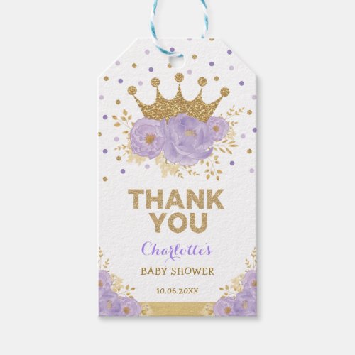 Purple Floral Gold Princess Crown Shower Birthday Gift Tags