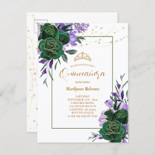 Purple Floral Gold Quinceañera Invitation Postcard
