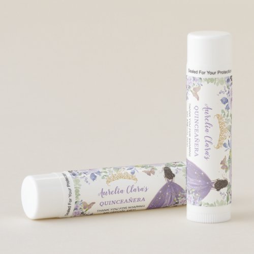 Purple Floral Gold Quinceaera Princess Gown Favor Lip Balm