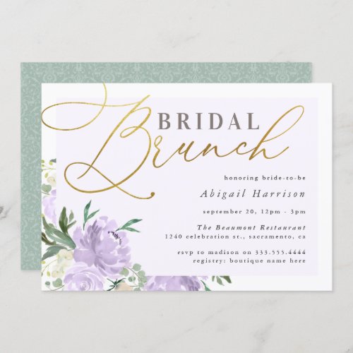 Purple Floral Gold Script Lavender Bridal Brunch Invitation