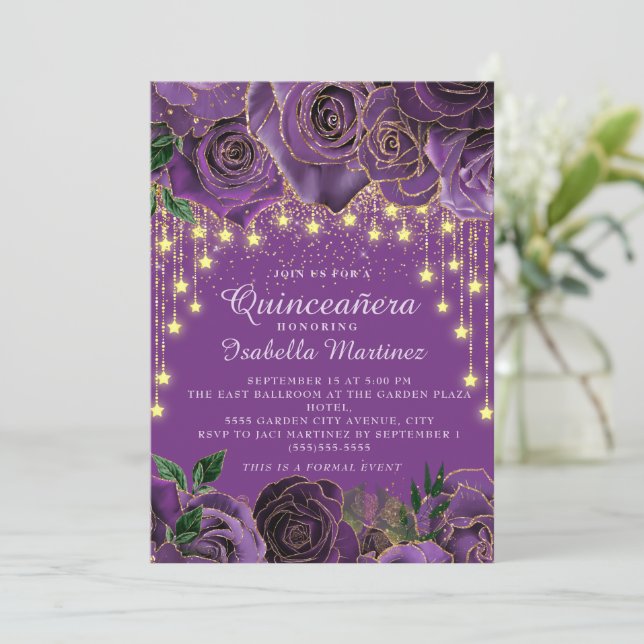 Purple Floral Gold String Light Stars Quinceañera Invitation (Standing Front)