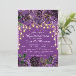 Purple Floral Gold String Light Stars Quinceañera Invitation