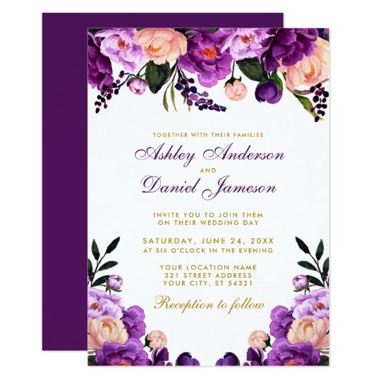 Purple Floral Gold Wedding Invitation