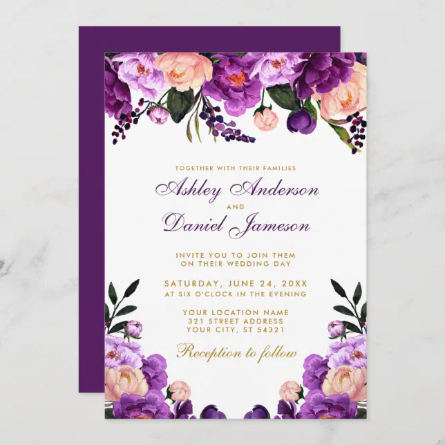 Purple Floral Gold Wedding Invitation | Zazzle