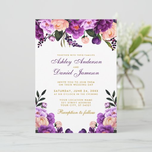 Purple Floral Gold Wedding Invitation | Zazzle