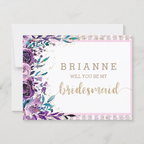 Purple Floral  Gold Will You Be My Bridesmaid Invitation