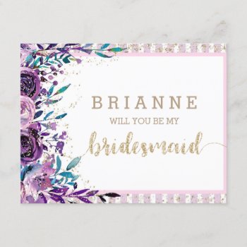 Purple Floral & Gold Will You Be My Bridesmaid Invitation
