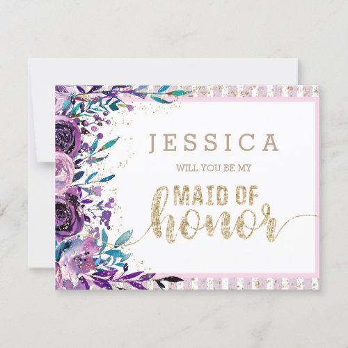 Purple Floral  Gold Will You Be My Maid of Honor Invitation