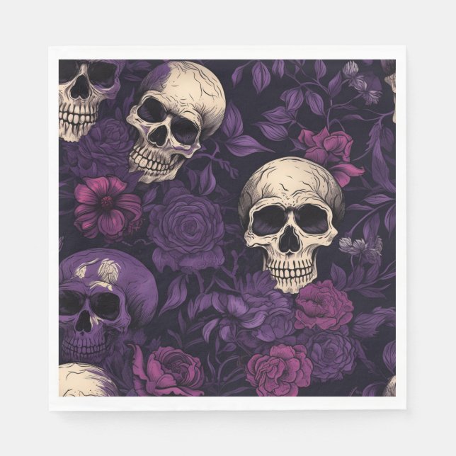 Purple Floral Goth Skull Halloween Napkins (Front)