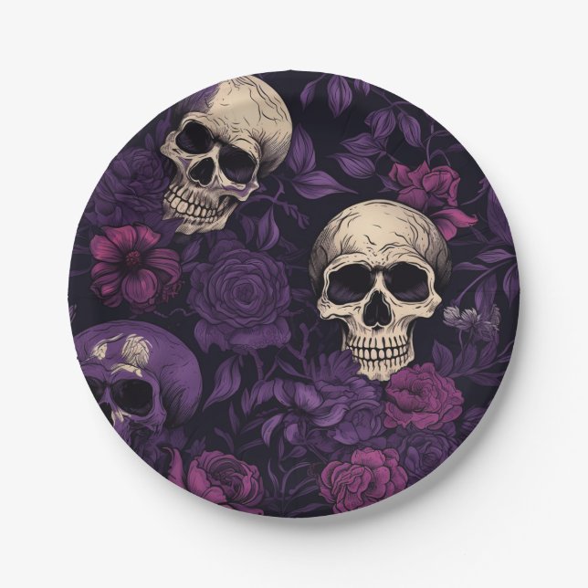 Purple Floral Goth Skull Halloween Paper Plates (Front)
