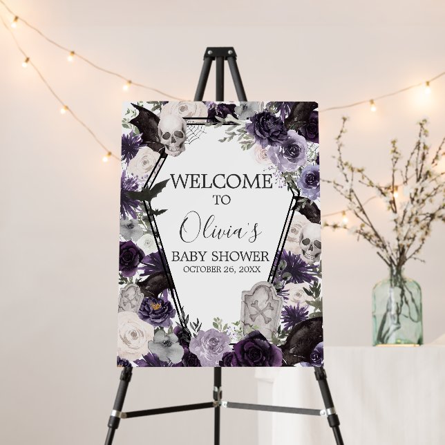 Purple Floral Gothic Baby Shower Welcome Sign (In Situ (Stand))