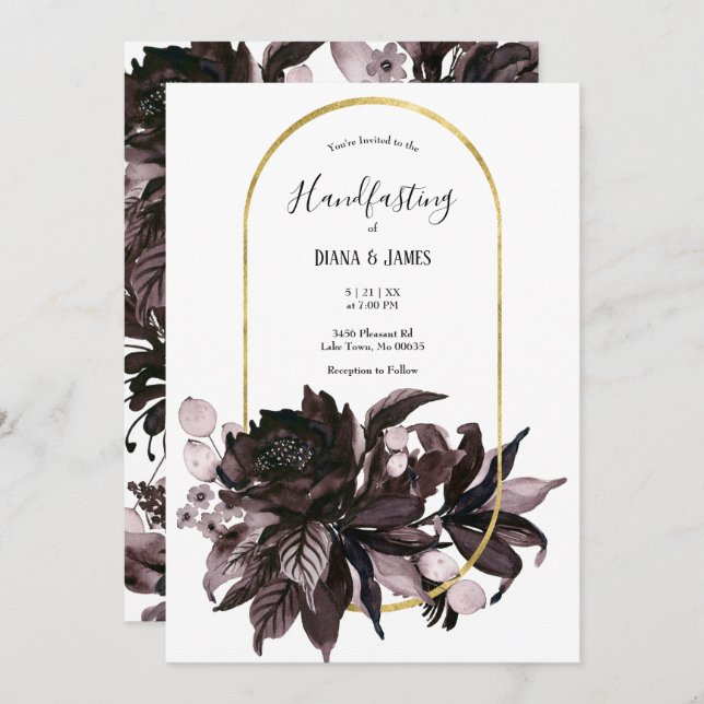 Purple Floral Gothic Boho Pagan Handfasting Invitation (Front/Back)