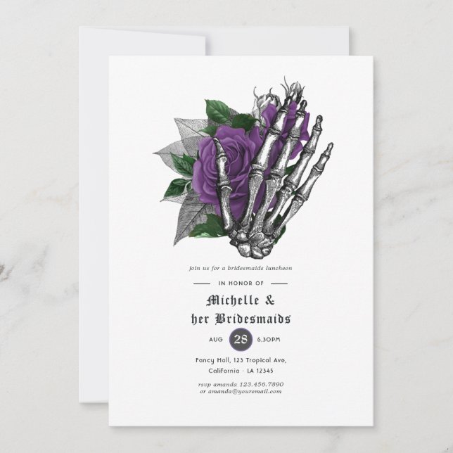 Purple Floral Gothic Skulls Bridesmaids Luncheon Invitation (Front)