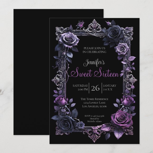 Purple Floral Gothic Sweet 16 Invitation (Front/Back)