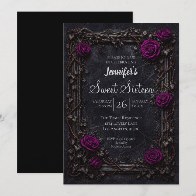 Purple Floral Gothic Sweet 16 Invitation (Front/Back)