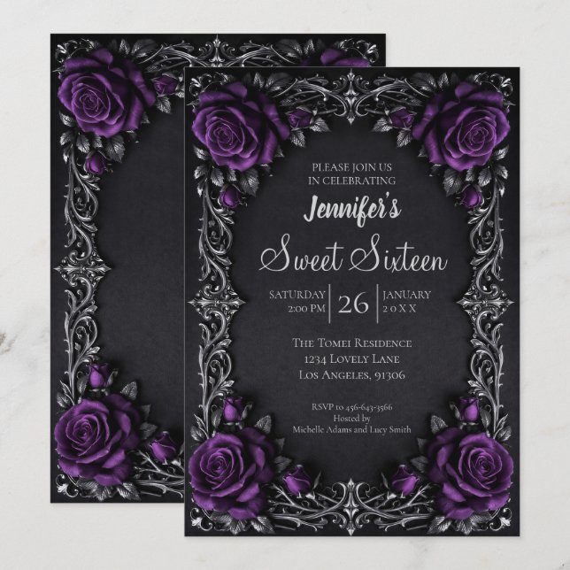 Purple Floral Gothic Sweet 16 Invitation (Front/Back)