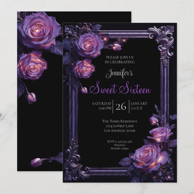 Purple Floral Gothic Sweet 16 Invitation (Front/Back)