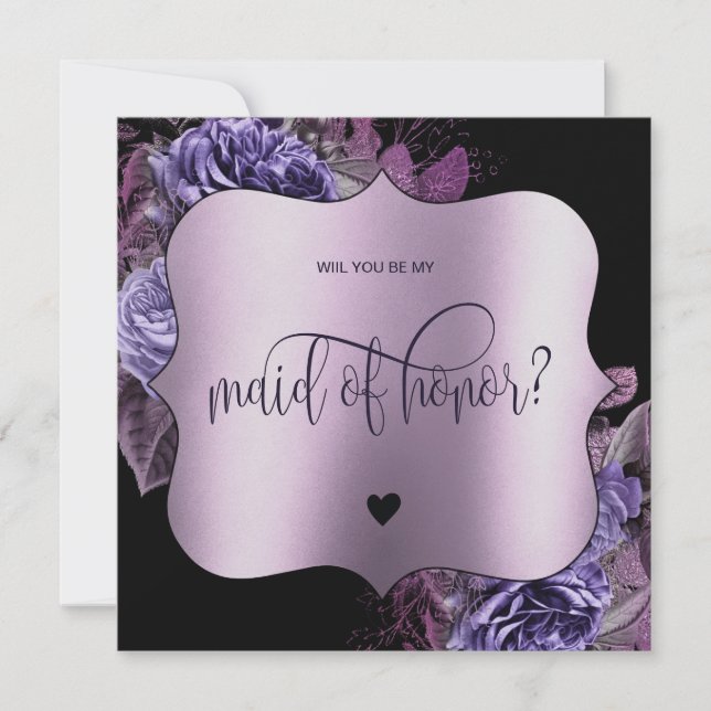Purple Floral Gothic will you be my maid of honor? Invitation (Front)