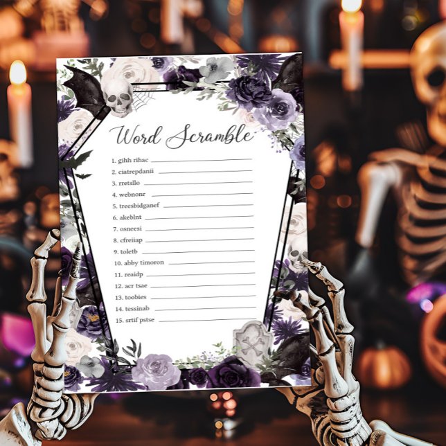Purple Floral Gothic Word Scramble Game (Floral Gothic Coffin Baby Shower Word Scramble Game)