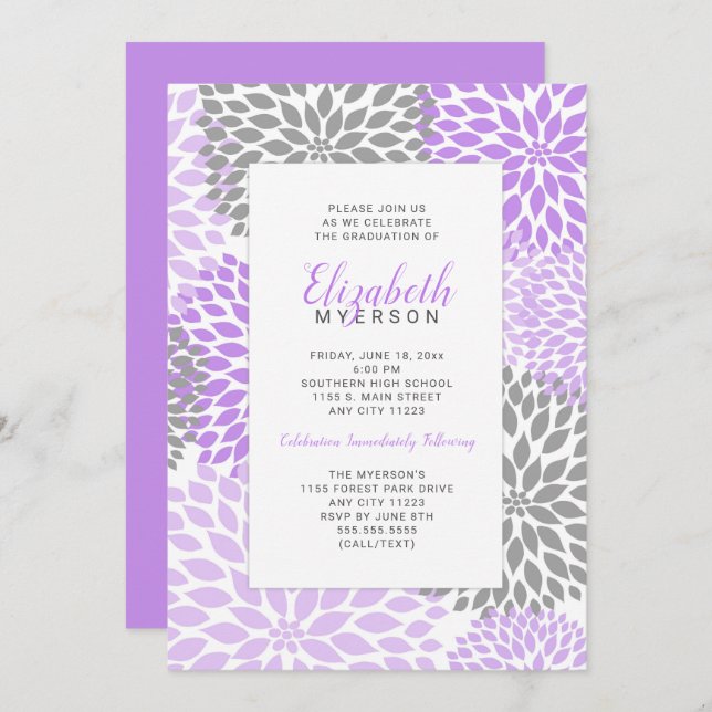 Purple Floral Graduation celebration invitations (Front/Back)