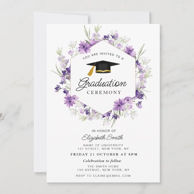 purple floral graduation ceremony invitation (Front)