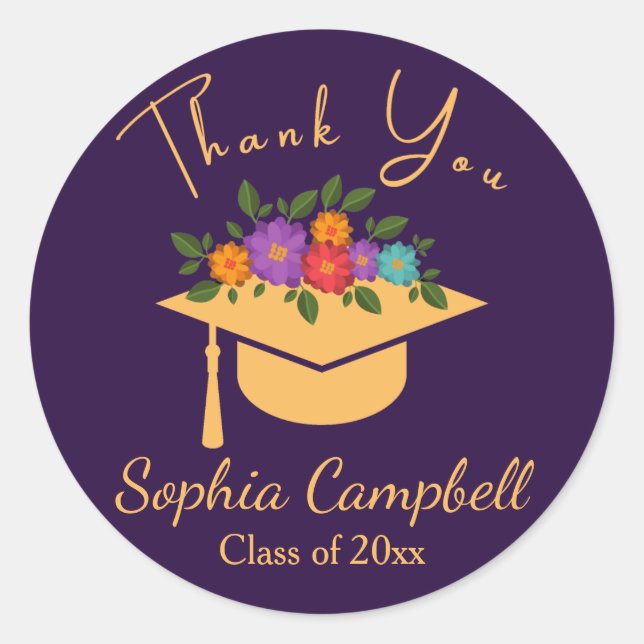 Purple Floral Graduation Classic Round Sticker (Front)