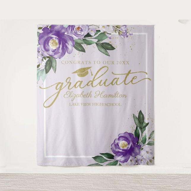 Purple Floral Graduation Party Photo Backdrop (Front)