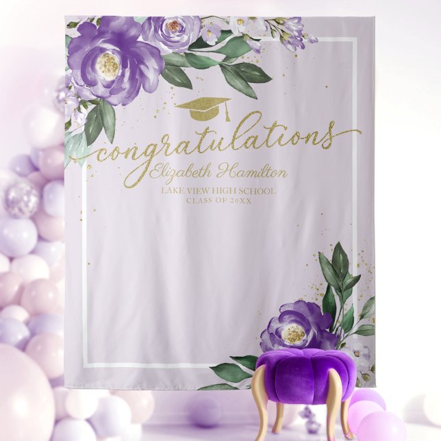 Purple Floral Graduation Party Photo Backdrop (Creator Uploaded)