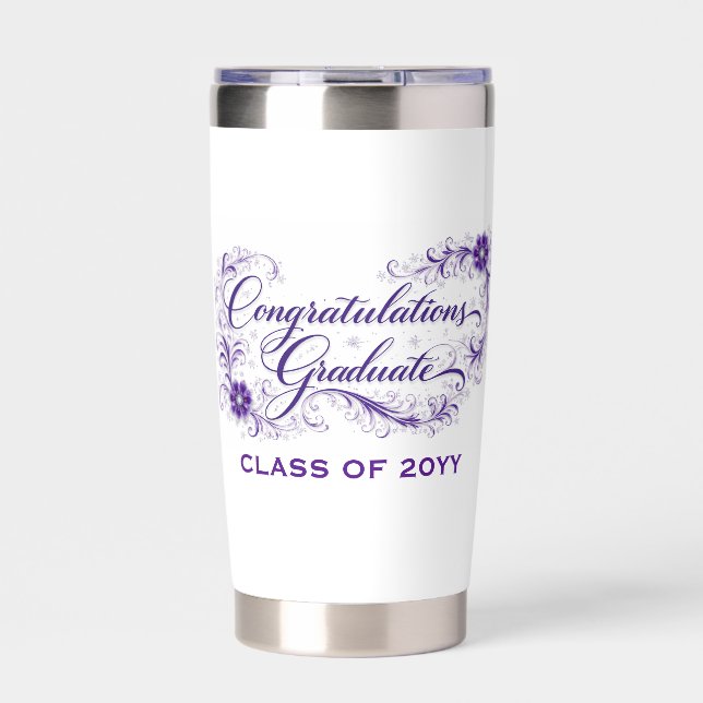 Purple Floral Graduation Script with Custom Year Insulated Tumbler (Front)