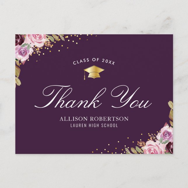 purple floral graduation thank you postcard (Front)