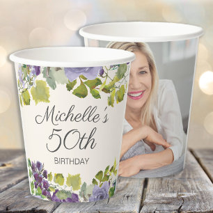 Purple Floral Green Leaves 50th Birthday Photo Paper Cups