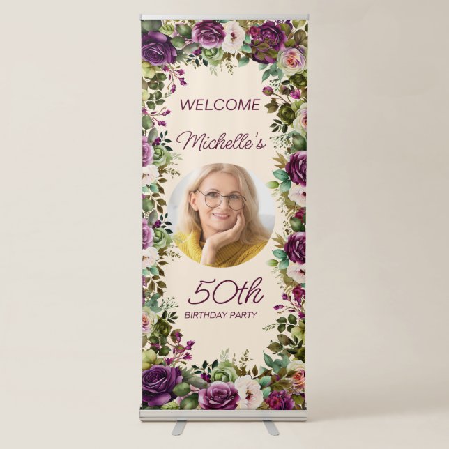 Purple Floral Green Leaves 50th Birthday Photo Retractable Banner (Front)