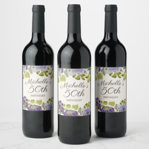 Purple Floral Green Leaves 50th Birthday Photo  Wine Label