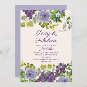 Purple Floral Green Leaves 60 Fabulous Birthday Invitation