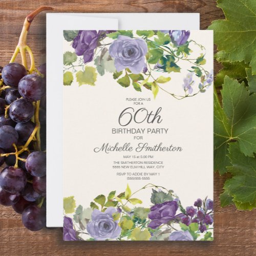 Purple Floral Green Leaves 60th Birthday Invitation